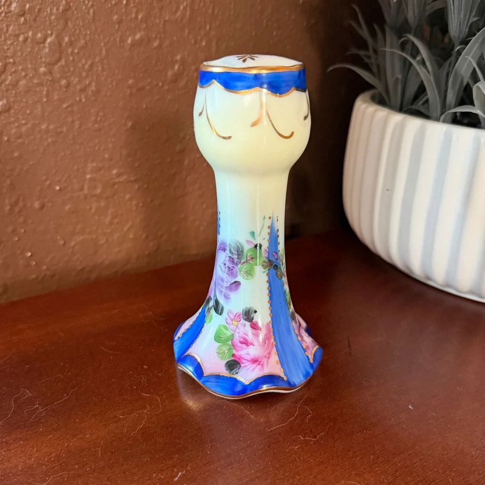 Vintage Hand Painted Nippon Floral Porcelain Hatpin Holder Cobalt Blue Gold Trim